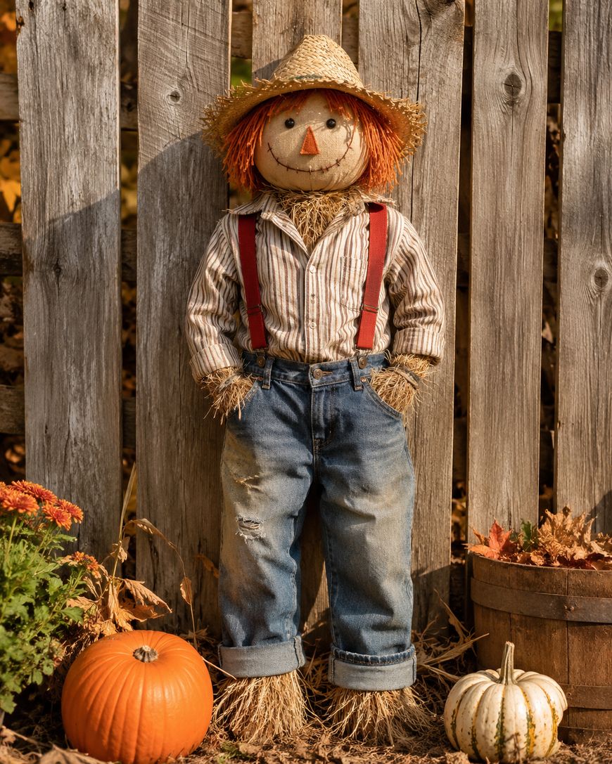 A smiling scarecrow with a straw hat, red suspenders, striped shirt, and jeans stands by a wooden fence. Pumpkins and autumn flowers are nearby.