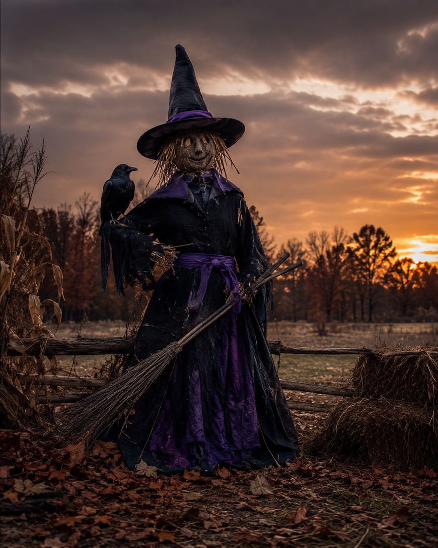 A scarecrow dressed as a witch, with a broom and a crow on its arm, stands in a field at sunset surrounded by autumn leaves and hay bales.