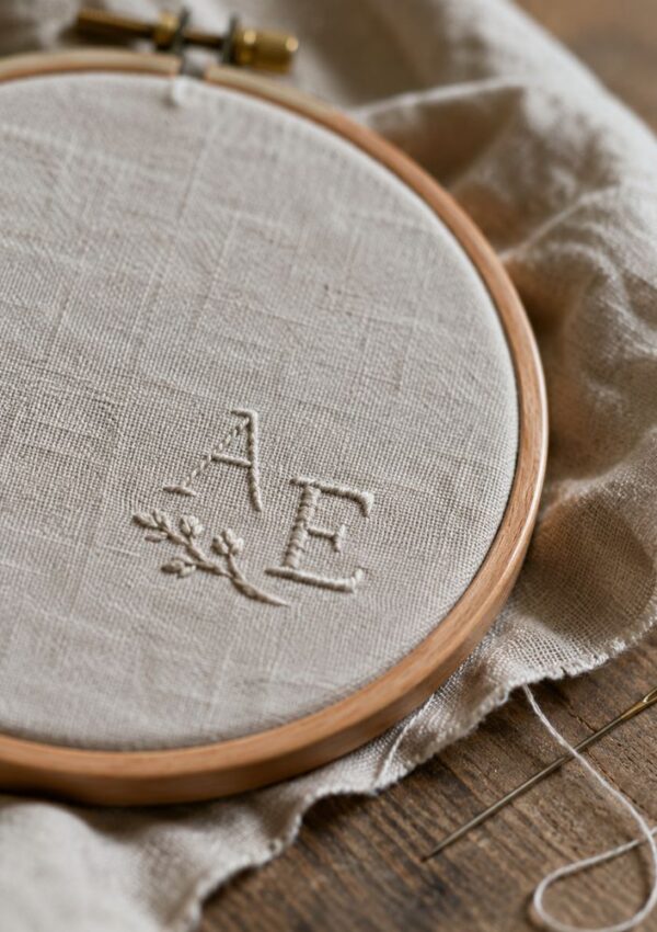 Embroidery hoop holding beige fabric with stitched letters A and E and a small leaf design, placed on a wooden surface with a needle and thread beside it.