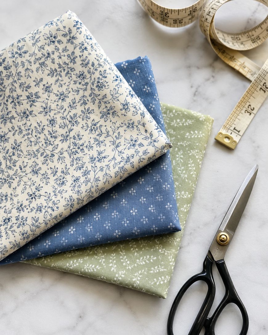 Three folded pieces of floral fabric in cream, blue, and green on a marble surface, with black scissors and two measuring tapes nearby.