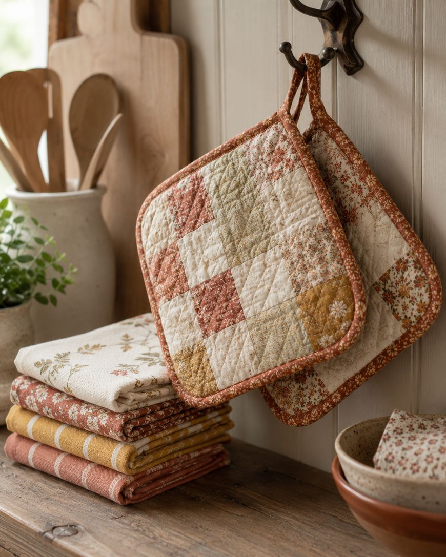 Two quilted potholders with a patchwork design hang on a hook above a wooden counter. Nearby are folded patterned kitchen towels, a plant, wooden utensils, and pottery, giving a cozy farmhouse feel.