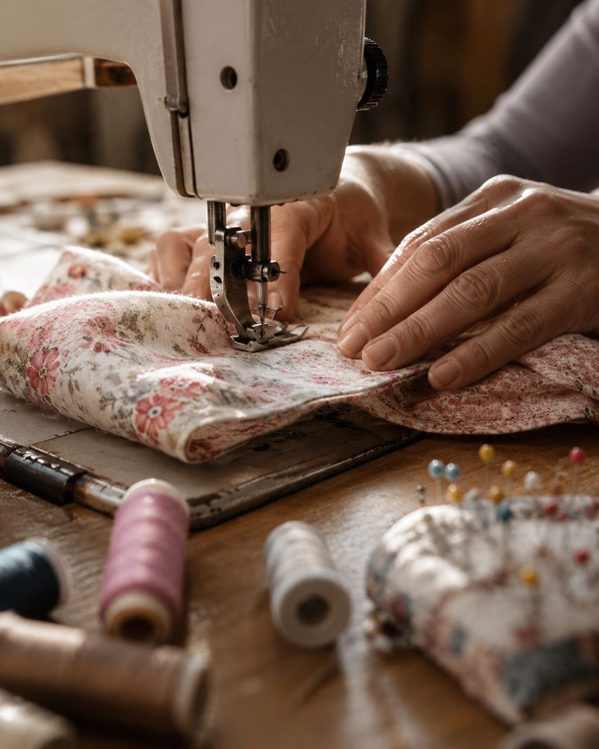A person uses a sewing machine to stitch floral fabric. Spools of thread and a pincushion with pins are on the wooden table, suggesting a cozy, creative sewing workspace.