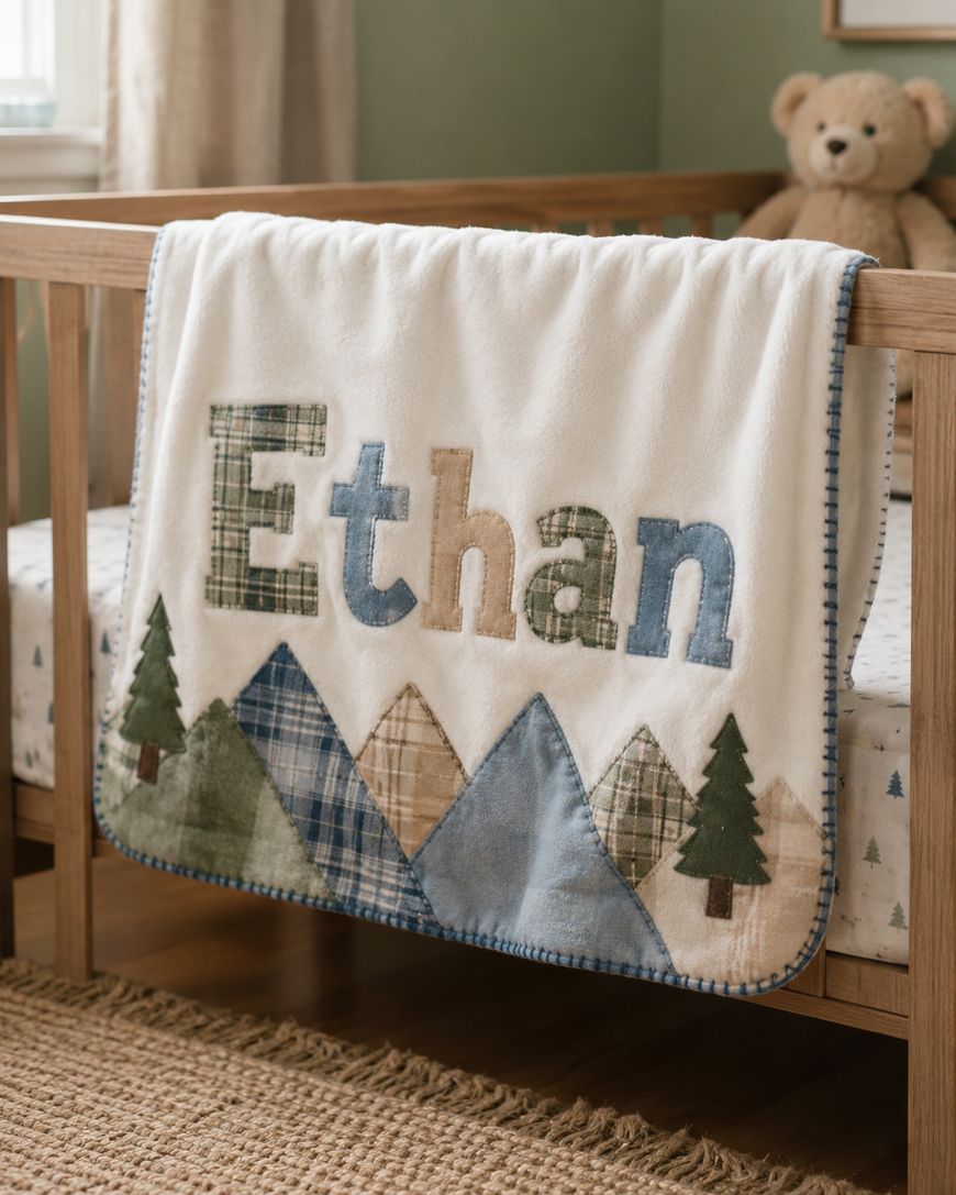 A wooden crib with a plush blanket draped over the side. The blanket says Ethan and features appliquéd mountains and trees. A teddy bear sits in the crib, and sunlight comes through a nearby window.