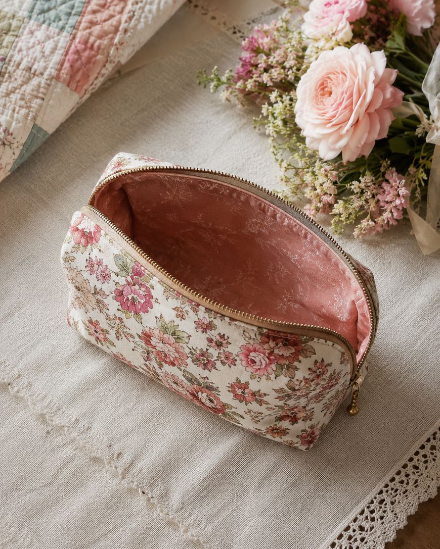 A floral makeup bag with a pink interior sits open on a lace tablecloth next to a bouquet of pink flowers and a patchwork quilt.