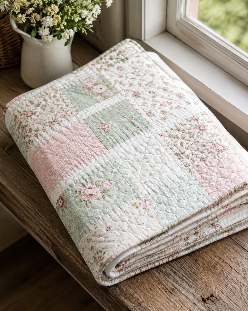 A folded floral patchwork quilt in pastel colors sits on a wooden bench by a window, with a vase of white flowers nearby.