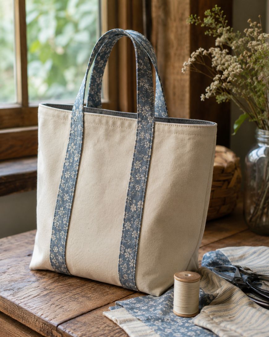 A beige canvas tote bag with blue floral straps sits on a wooden table near a window, surrounded by sewing supplies and dried flowers in a vase.