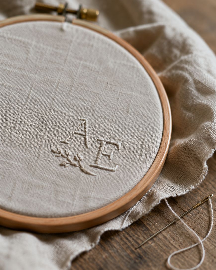 An embroidery hoop holds beige fabric with stitched initials A E and a small branch design. A threaded needle and fabric are nearby on a wooden surface.