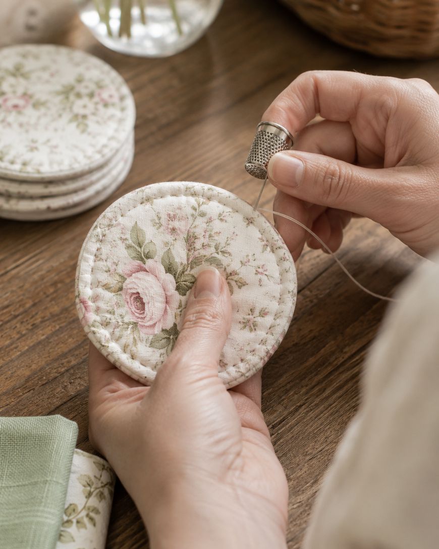 Hands sewing a round floral fabric coaster with a needle and thread, using a thimble. Other coasters and a green cloth are on a wooden table.