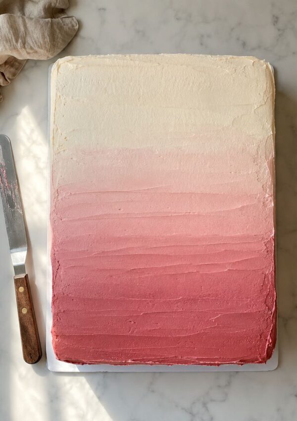 A rectangular party cake with frosting in ombré shades, transitioning from cream at the top to deep pink at the bottom. Perfect for those seeking elegant sheet cake design ideas, it features a spreading knife with a wooden handle resting beside it on a marble surface—an inspiring example of modern cake decoration.
