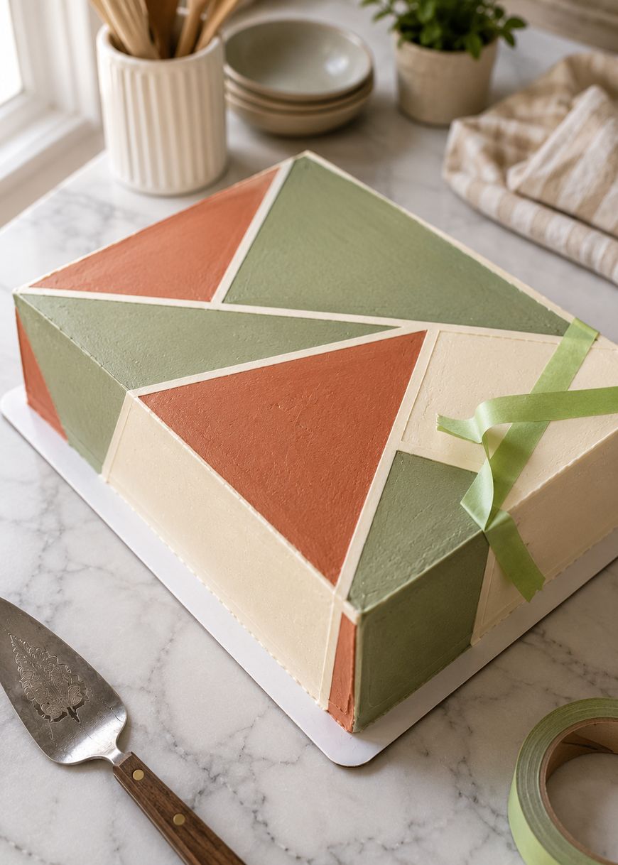 A rectangular cake with geometric patterns in sage green, terracotta, and cream frosting, topped with a green ribbon, sits on a marble table near plates, utensils, and a plant.