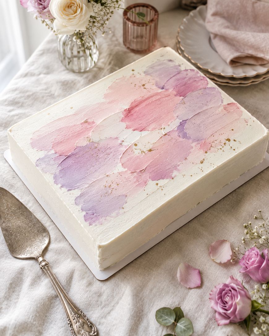 A rectangular cake with white frosting and pink and purple watercolor-like brushstroke decorations sits on a table, surrounded by flowers, plates, and a cake server.