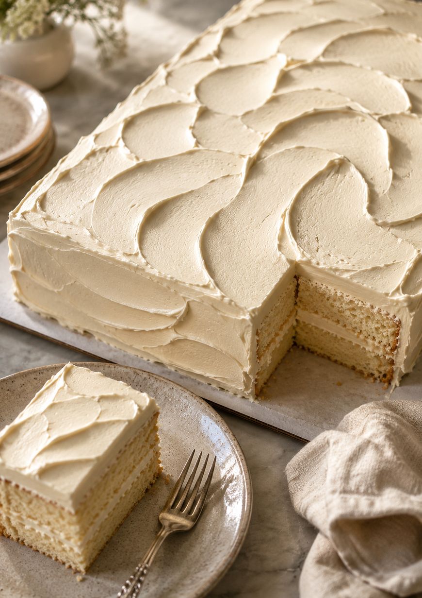 A rectangular vanilla layer cake with creamy frosting sits on a tray. One slice is cut and placed on a plate nearby with two forks. The cake has a textured, swirled frosting pattern on top.