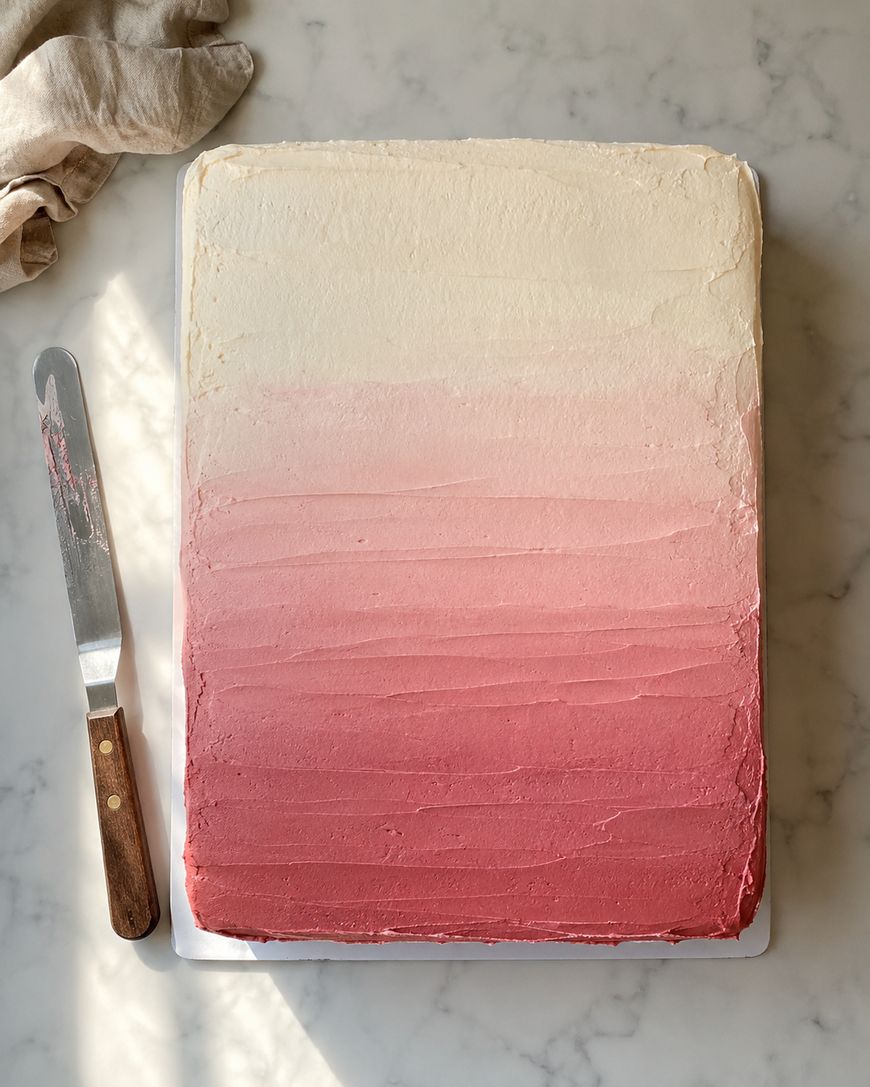 A rectangular cake with ombré icing, fading from deep pink at the bottom to cream at the top, sits on a marble surface next to an icing spatula with a wooden handle. A beige cloth is in the corner.
