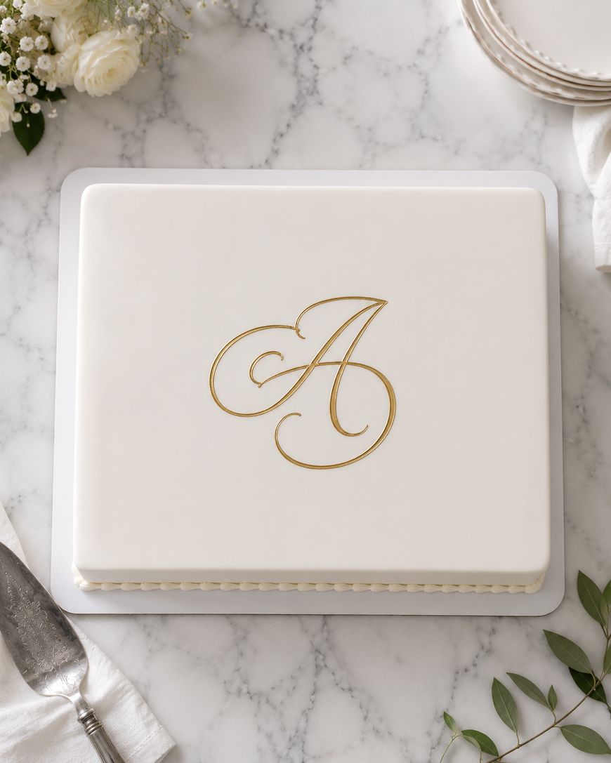 A rectangular white cake with a gold letter A in the center, placed on a marble surface with a cake server, plates, and flowers nearby.