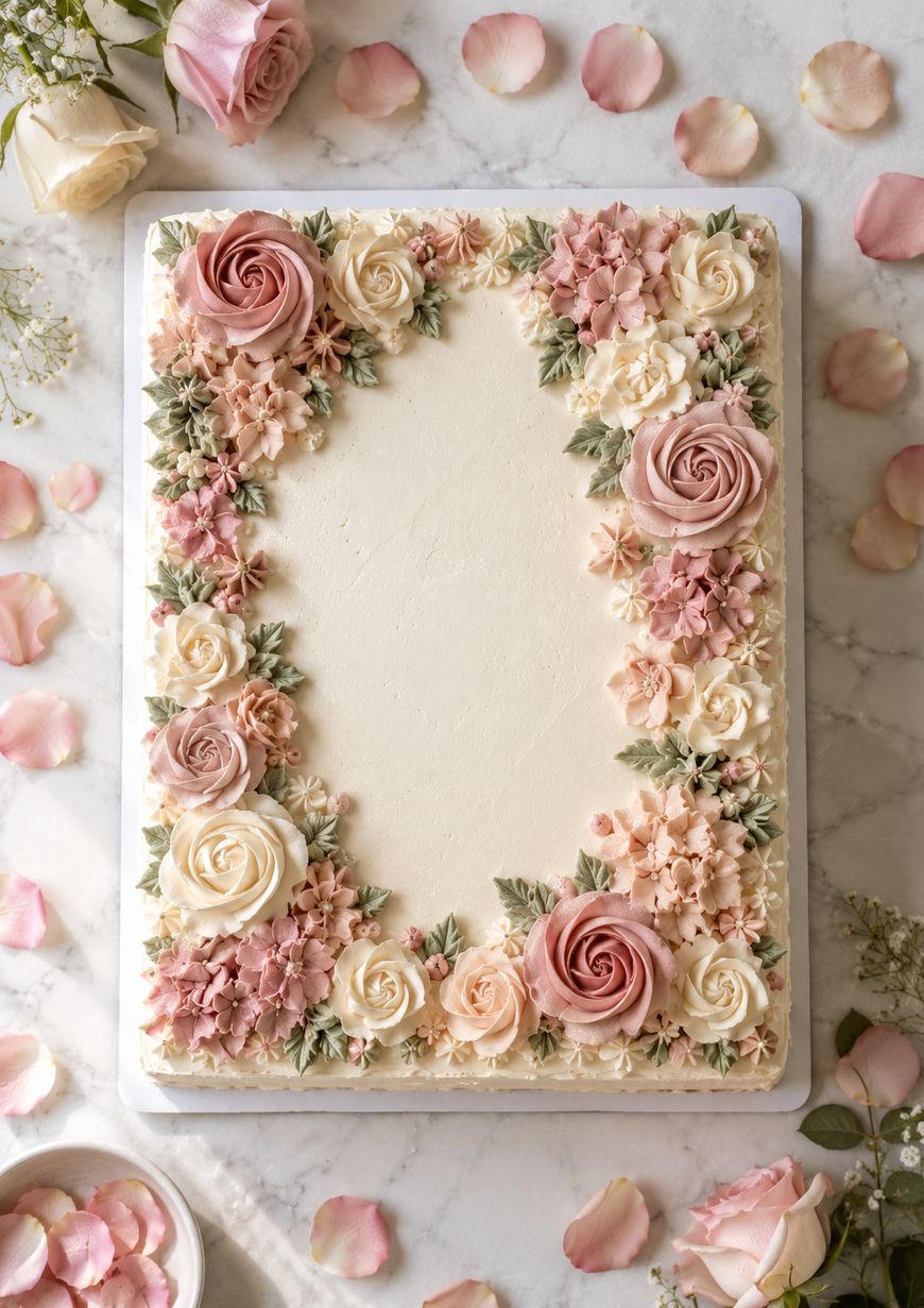 A rectangular cake with a blank center, decorated with pink and cream buttercream flowers and green leaves. Rose petals are scattered on a marble surface around the cake.