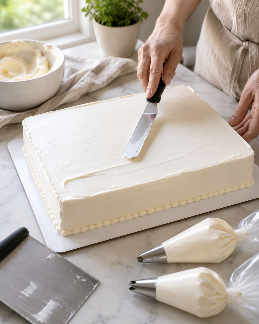 A person smooths white frosting on a rectangular cake with an offset spatula. Piping bags, a scraper, and a bowl of frosting are on the marble countertop nearby.