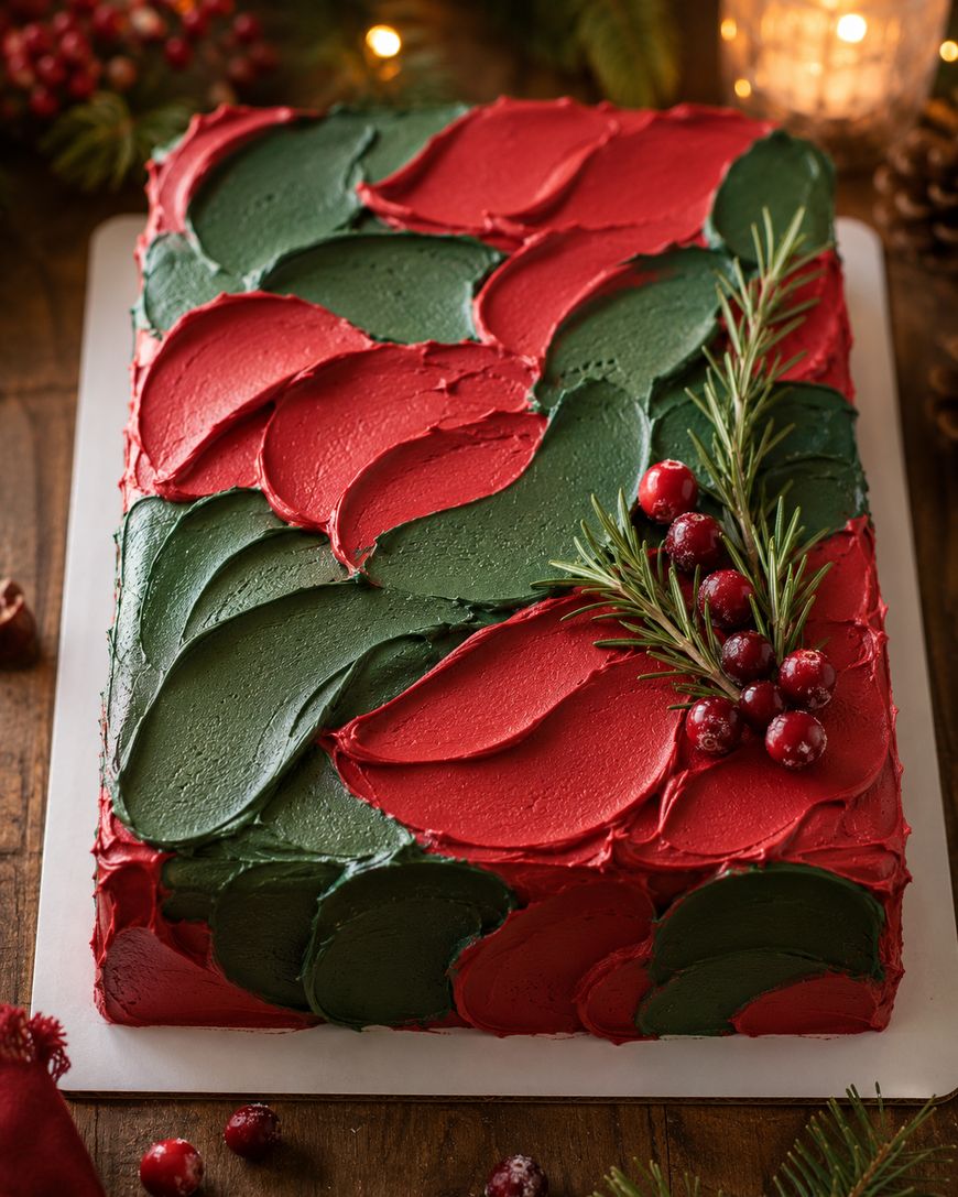 A rectangular cake decorated with red and green frosting in a leaf pattern, topped with cranberries and a sprig of rosemary. The cake sits on a white board, surrounded by festive holiday decor.