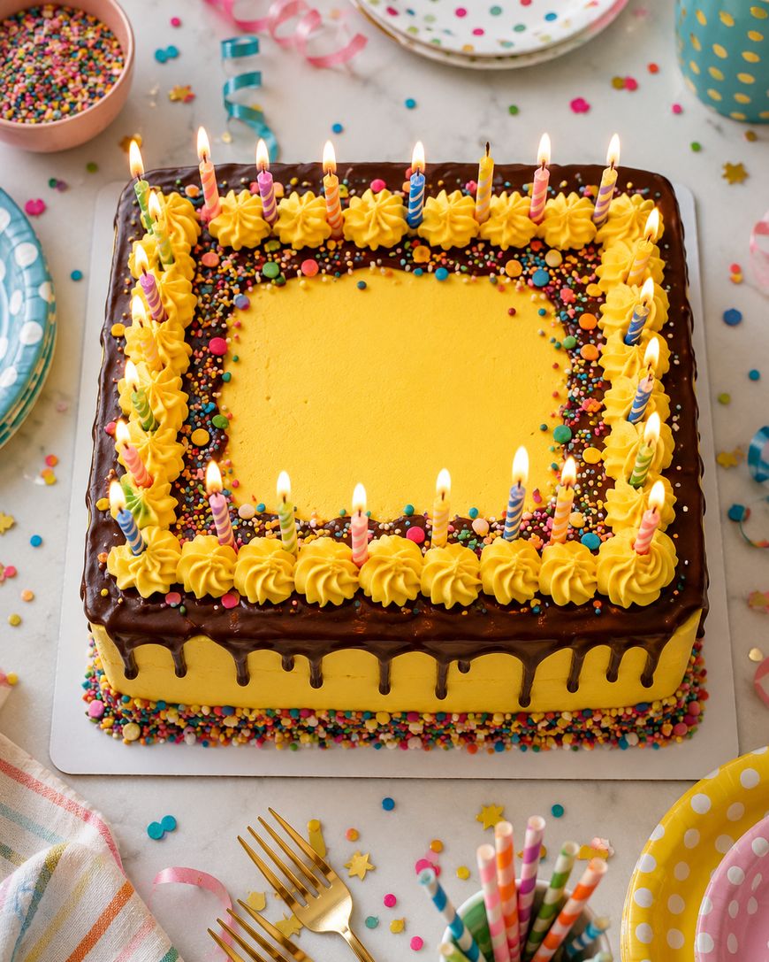 A square yellow birthday cake with chocolate drip, colorful sprinkles, and lit candles. The cake is decorated with yellow icing swirls and surrounded by party plates, forks, and confetti.