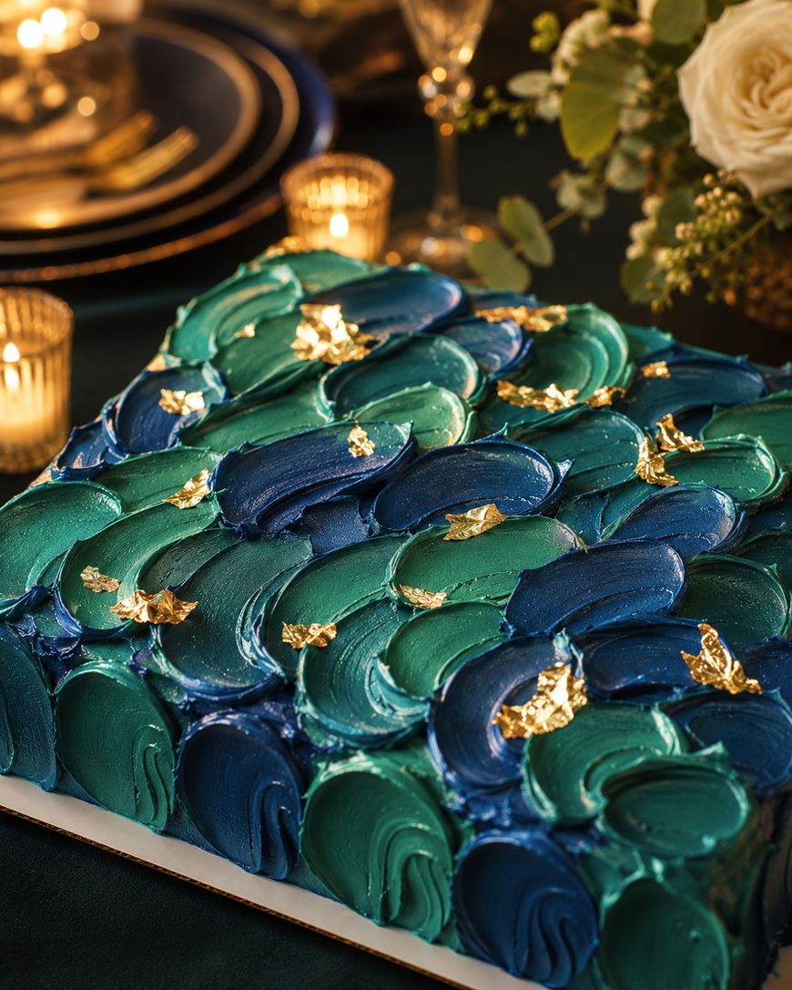 A square cake decorated with blue and green swirled icing and gold leaf accents sits on a table set with candles, plates, and floral arrangements.