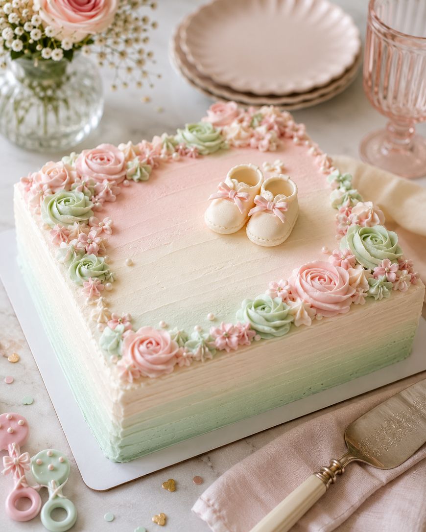 Square pastel cake with piped flowers and baby shoes on top, surrounded by pink plates, a knife, a pink glass, a napkin, and floral decorations. Perfect for a baby shower celebration.