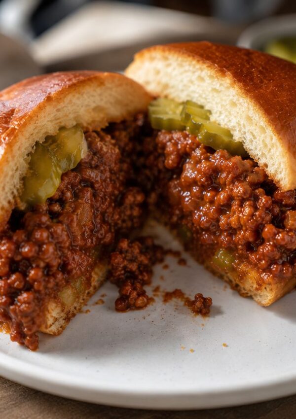 A close-up of a sloppy joe sandwich cut in half, showcasing saucy ground meat filling and sliced pickles in a soft, shiny bun—perfect for anyone craving a classic sloppy joe recipe—served on a white plate.