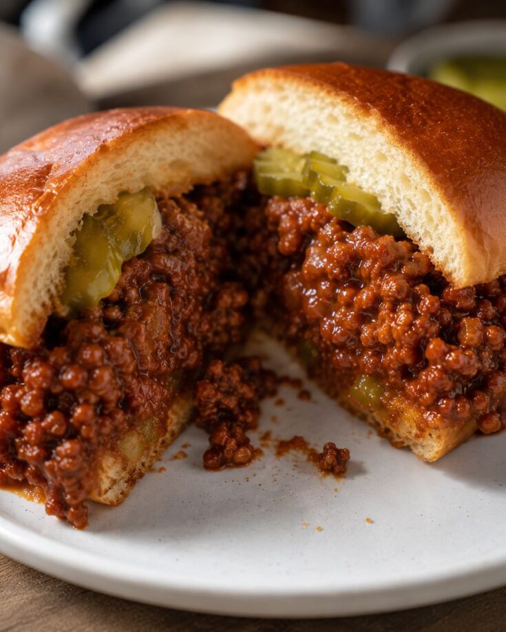 A close-up of a sloppy joe sandwich cut in half, showcasing saucy ground meat filling and sliced pickles in a soft, shiny bun—perfect for anyone craving a classic sloppy joe recipe—served on a white plate.