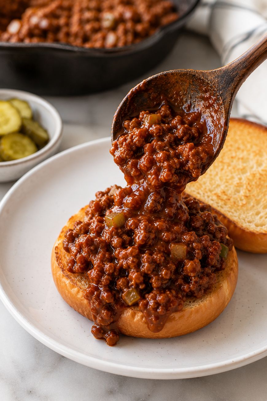 A wooden spoon scoops sloppy joe filling onto a toasted hamburger bun half on a white plate, with pickles and a skillet of filling in the background.