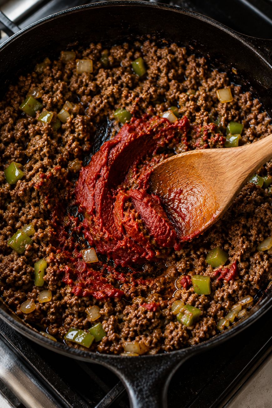 Ground beef, diced green bell peppers, and onions cooking in a cast iron skillet on a stove. Tomato paste is being stirred in with a wooden spoon.