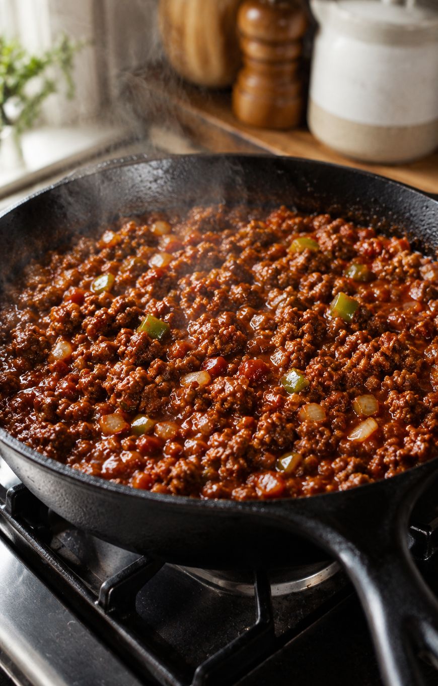 A skillet filled with simmering ground beef, diced green bell peppers, onions, and tomatoes cooking on a stovetop, with steam rising from the mixture.