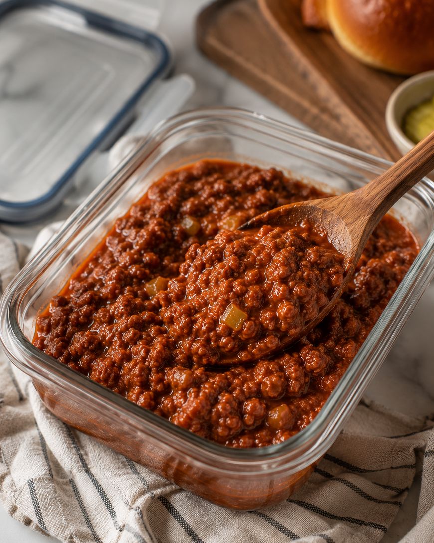 A glass container filled with sloppy joe mixture, featuring ground meat and sauce, with a wooden spoon scooping some out. A napkin, bread roll, and sliced pickles are visible in the background.