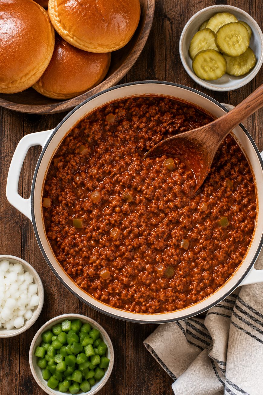 A pot of sloppy joe mixture with a wooden spoon, surrounded by bowls of chopped onions, green bell peppers, pickles, and a plate of sandwich buns on a wooden table.