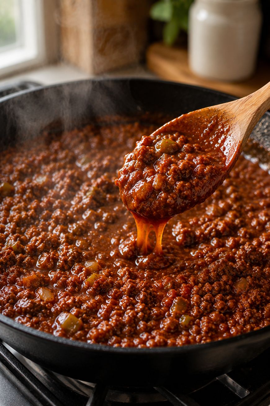 A wooden spoon lifts a portion of thick, steaming ground beef and tomato sauce from a skillet cooking on a stove.