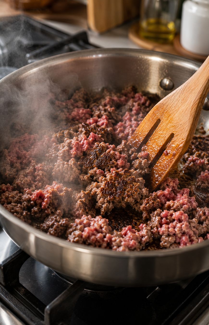 Ground beef is browning in a stainless steel skillet on a stove, with a wooden spatula stirring the meat. Some parts are still pink while others are fully cooked, and steam is rising from the pan.
