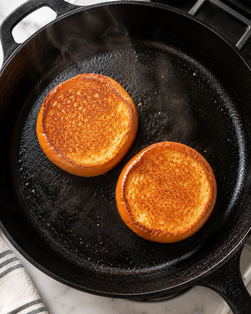 Two golden-brown burger buns toasting face-down in a black cast iron skillet, with a striped towel partially visible nearby on a white countertop. Steam rises gently from the hot pan.