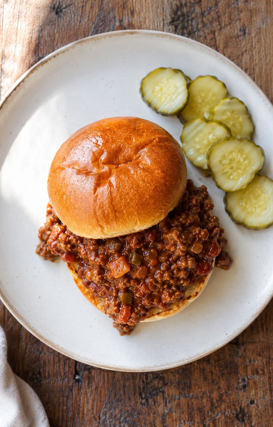 A sloppy joe sandwich on a white plate, served with several slices of pickles, placed on a wooden table.