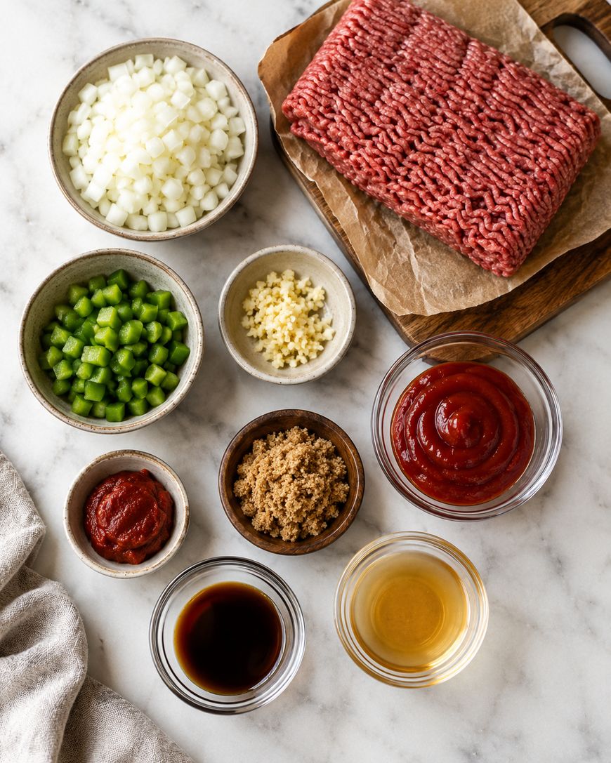 Overhead view of ground beef, chopped onions, green bell pepper, minced garlic, ketchup, tomato paste, brown sugar, Worcestershire sauce, and apple cider vinegar in bowls on a marble surface.