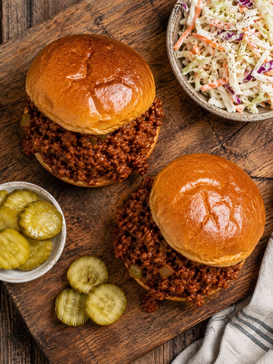 Two sloppy joe sandwiches on a wooden board, served with a small bowl of sliced pickles and a bowl of creamy coleslaw. A striped cloth napkin is visible at the corner.