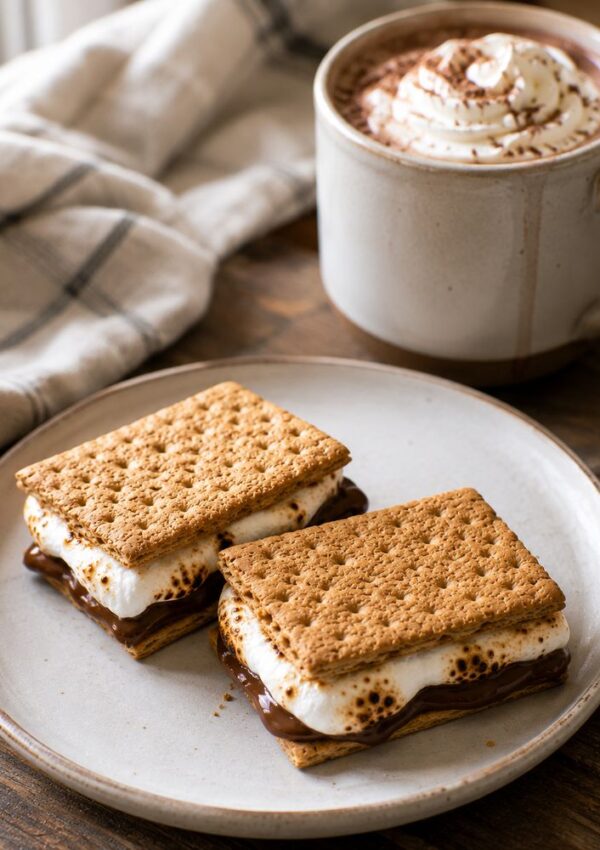Two s'mores with toasted marshmallow and melted chocolate on a plate, next to a mug of hot chocolate topped with whipped cream—a cozy treat that will inspire you to learn how to make s'mores in the oven. A plaid cloth napkin is in the background.