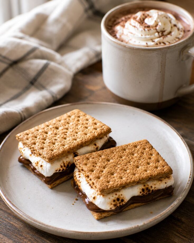 Two s'mores with toasted marshmallow and melted chocolate on a plate, next to a mug of hot chocolate topped with whipped cream—a cozy treat that will inspire you to learn how to make s'mores in the oven. A plaid cloth napkin is in the background.