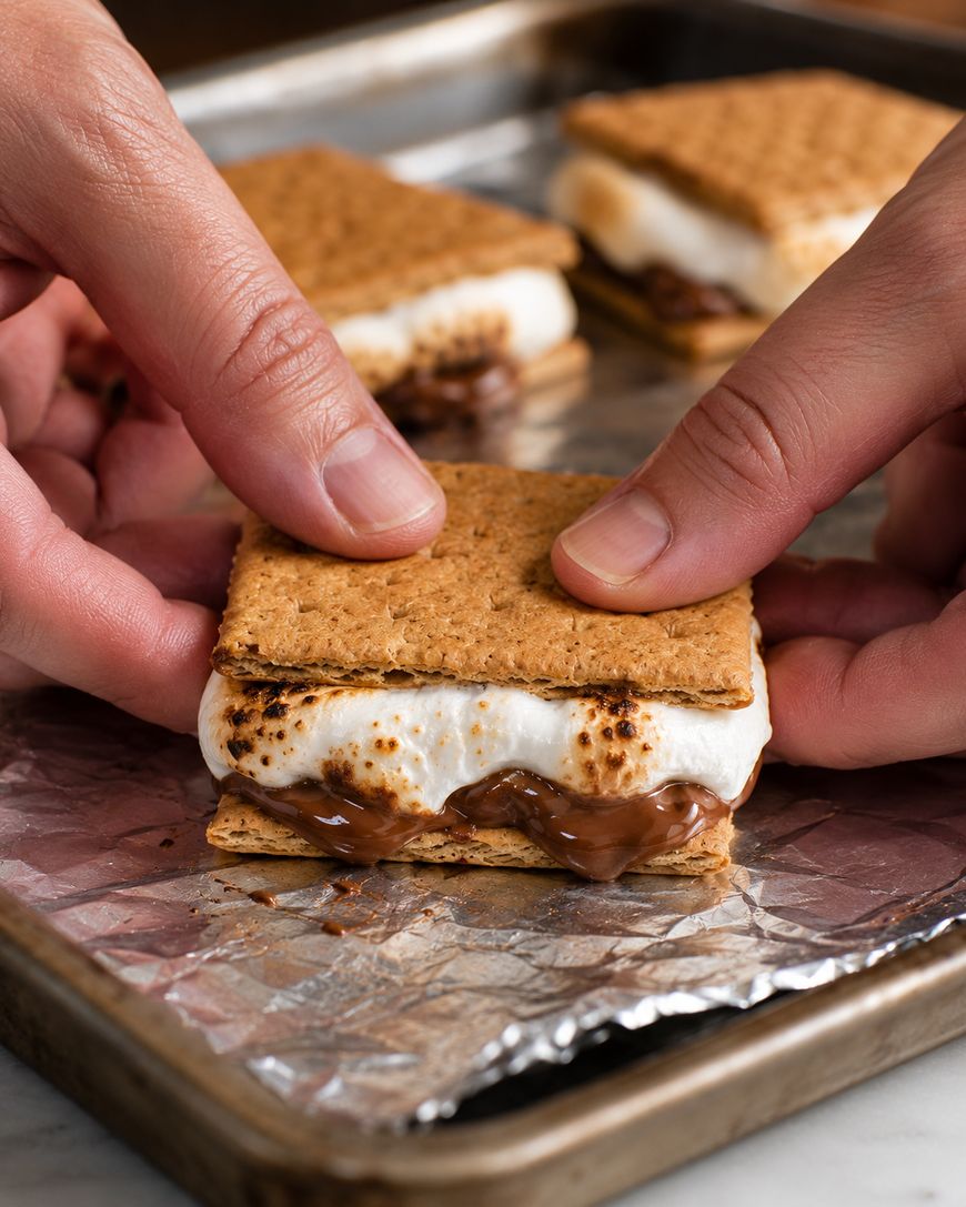 Two hands assemble a smore with toasted marshmallow and melted chocolate between graham crackers on a foil-lined baking sheet, with two more smores in the background.