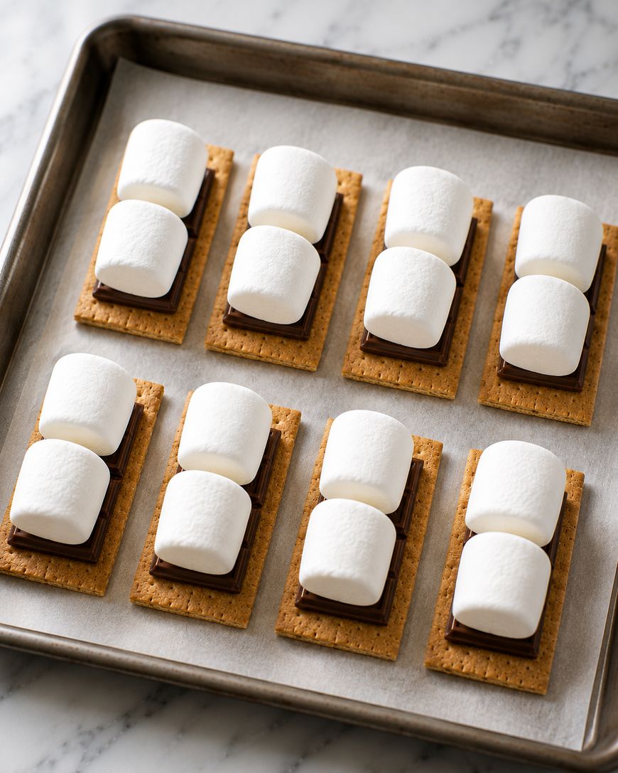A baking tray holds nine smores, each made with a graham cracker base, a chocolate square, and two marshmallows on parchment paper, ready to be baked.