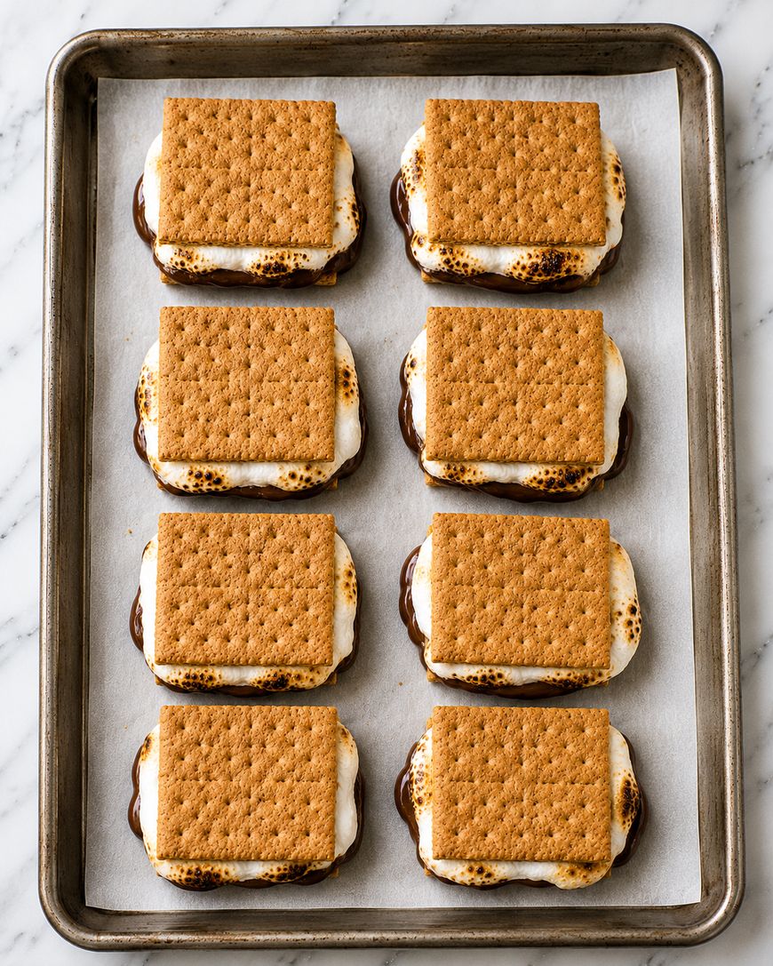 A baking sheet holds eight smores, each with toasted marshmallow and melted chocolate sandwiched between two rectangular graham crackers. The treats are neatly arranged in rows.