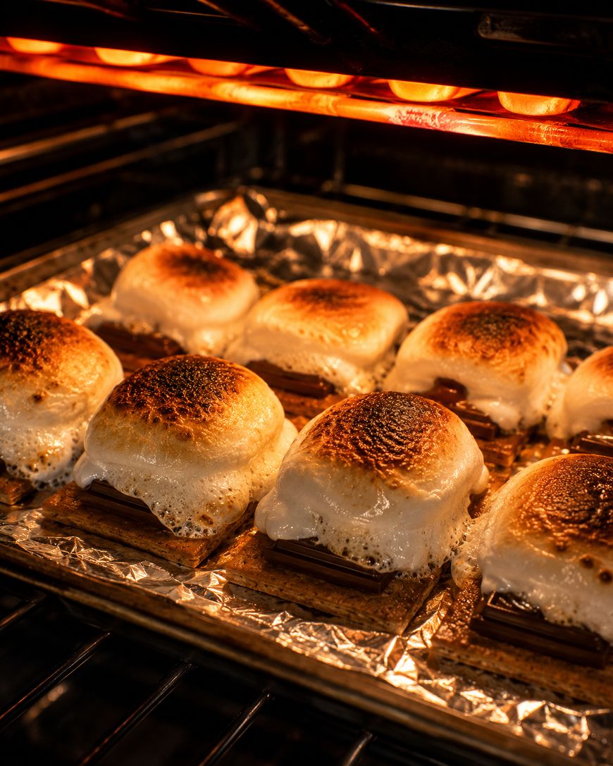 Smores with toasted marshmallows and melted chocolate on graham crackers are baking on a foil-lined tray in an oven, with the broiler heating from above.