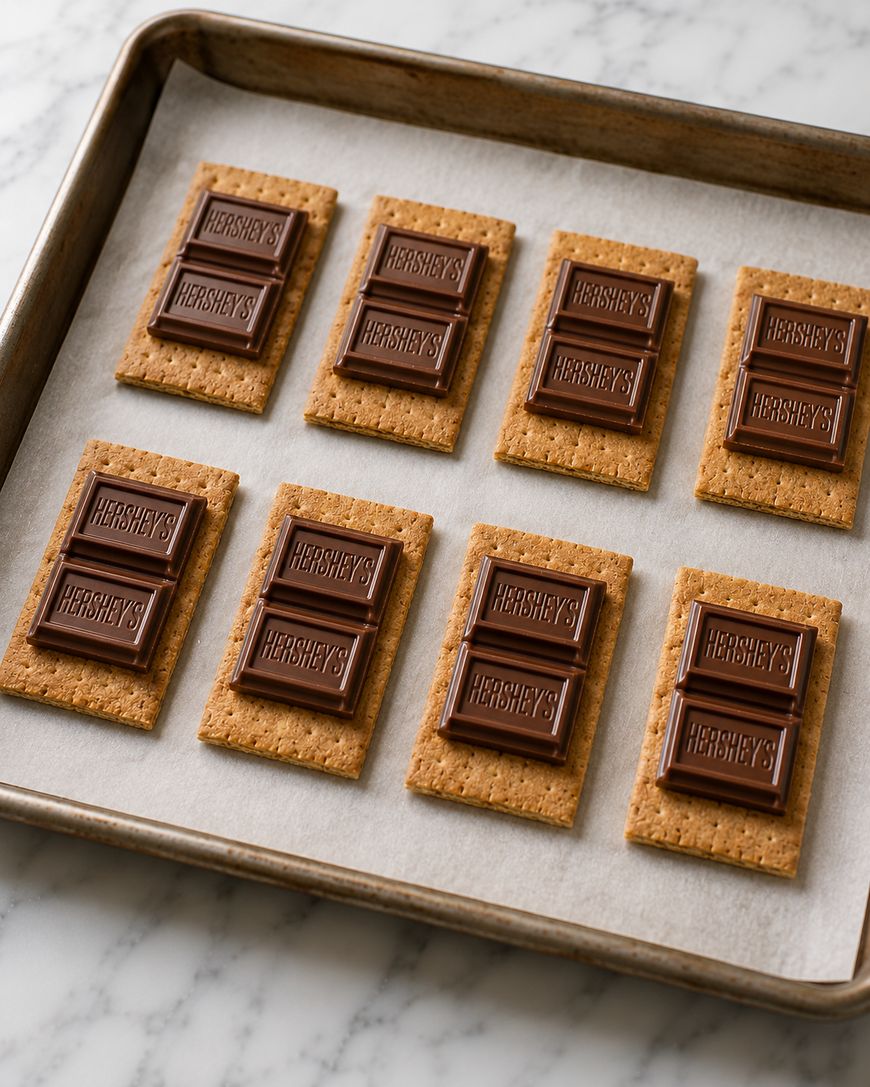 A baking sheet lined with parchment paper holds eight graham crackers, each topped with Hershey’s chocolate bars, arranged in neat rows on a marble countertop.