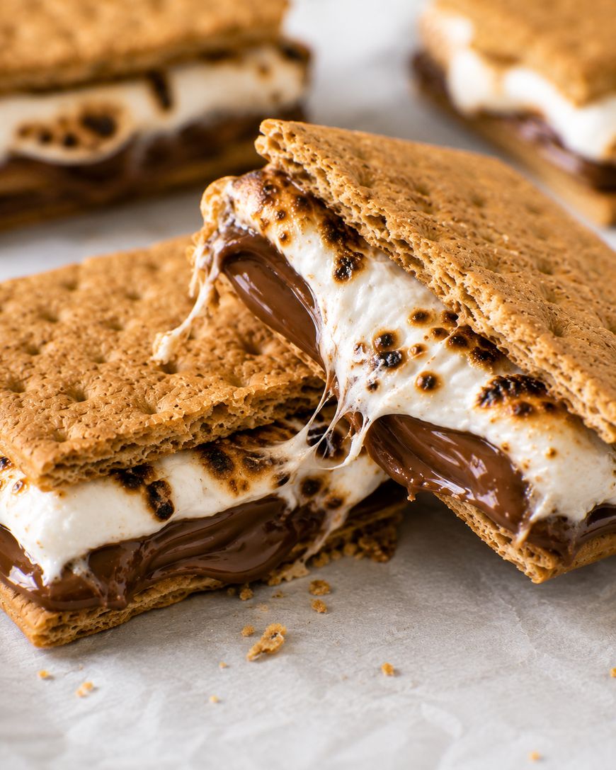 Close-up of gooey smores with toasted marshmallow and melted chocolate sandwiched between crispy graham crackers, placed on a sheet of parchment paper.