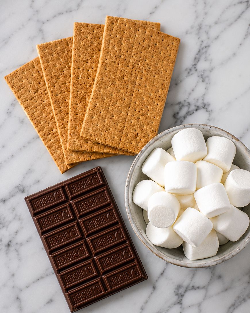 Four graham cracker sheets, a bowl of large marshmallows, and a Hershey’s milk chocolate bar arranged on a white marble surface.
