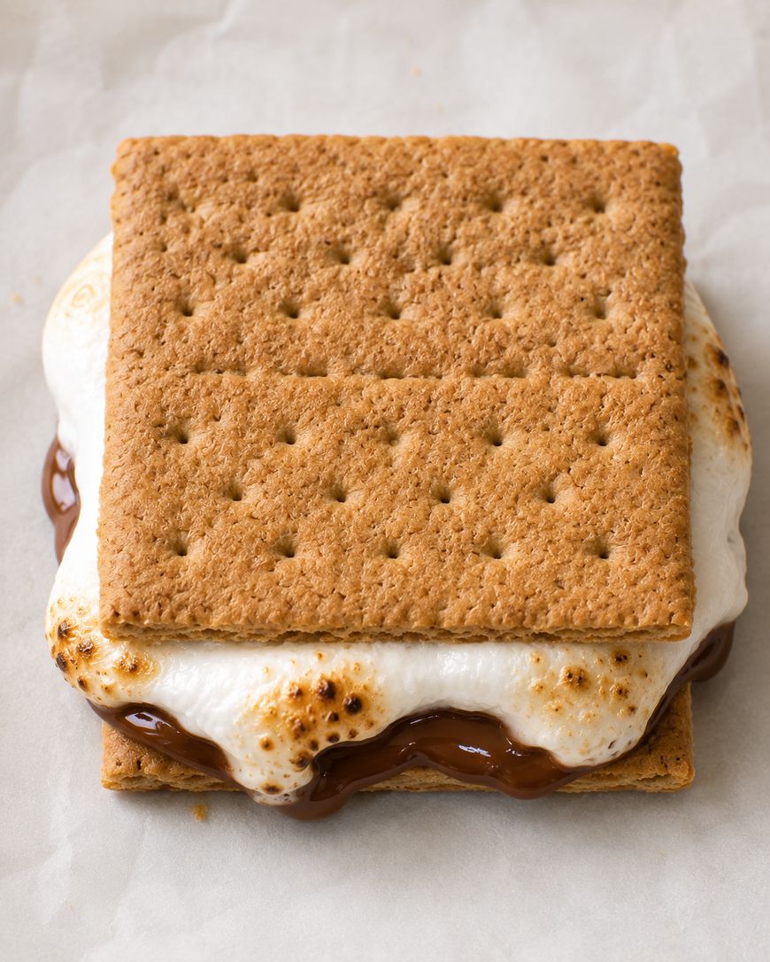 A close-up of a smore with melted chocolate and toasted marshmallow between two graham crackers, resting on parchment paper.