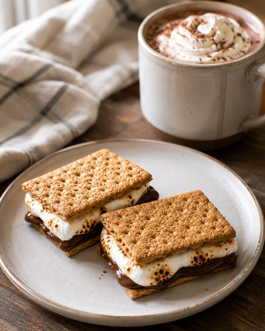Two smores with toasted marshmallows and melted chocolate between graham crackers on a plate, next to a mug of hot chocolate topped with whipped cream and cocoa powder. A cloth napkin is in the background.