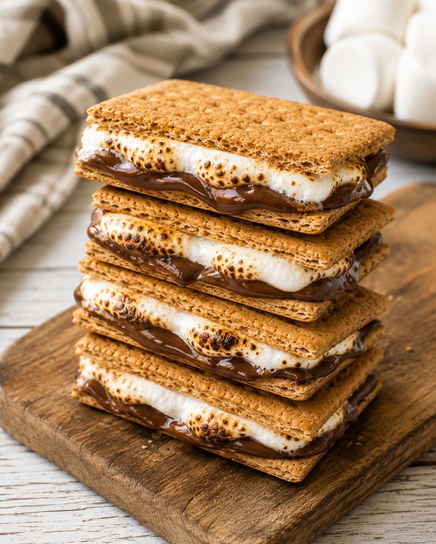 Four smores stacked on a wooden board, with toasted marshmallow and melted chocolate between graham crackers. A bowl of marshmallows and a striped cloth are in the background.