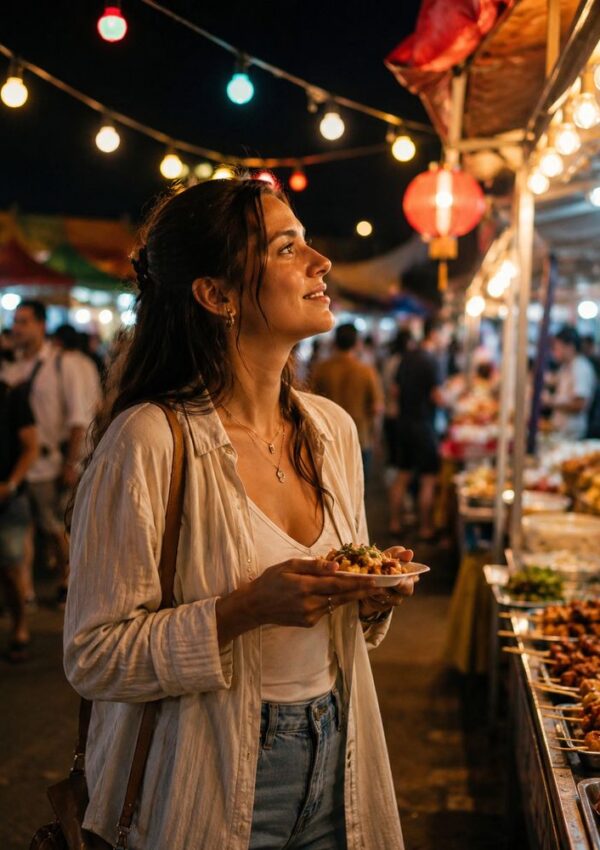 A woman holding food smiles while exploring a lively night market with colorful string lights, food stalls, and people in the background.